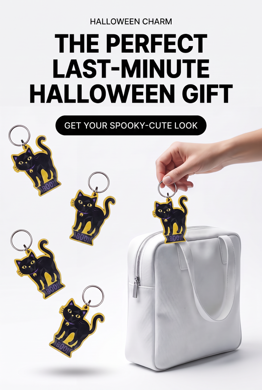 Halloween Cat Keychain, Spooky Black Cat 3D Printed Keychain, Cute Halloween Gift, BOO Cat Charm, Fall Bag Charm, Trick or Treat Accessory
