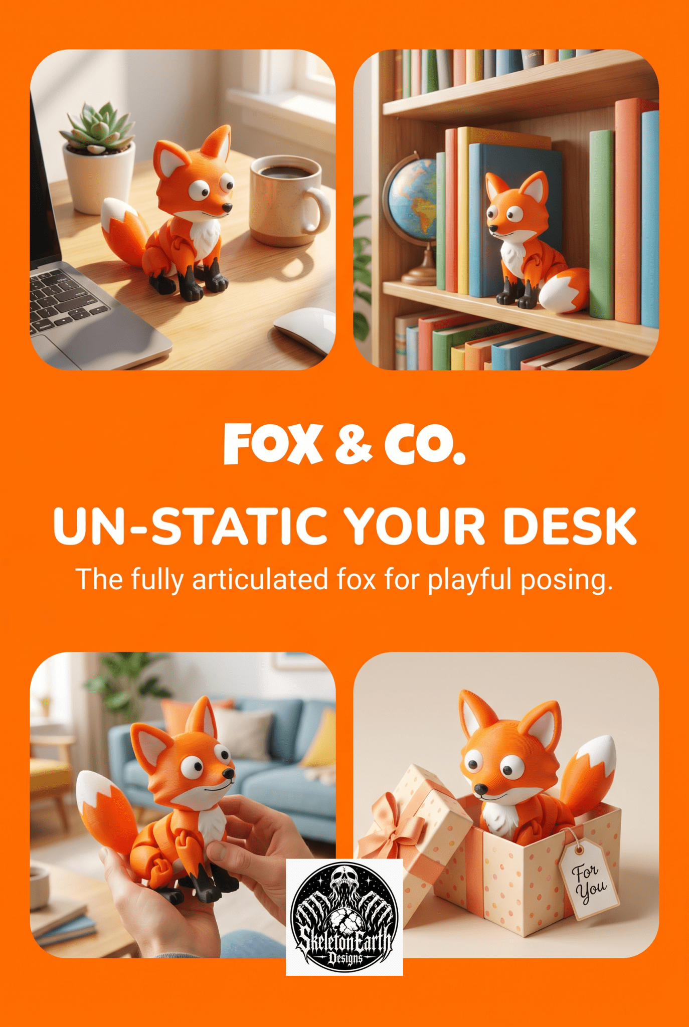 Cute Articulated Fox | 3D Printed Poseable Fox | Orange Woodland Animal | Desk Decor Gift | Fidget Toy | Collectible Fox Figurine - SkeletonEarth Designs