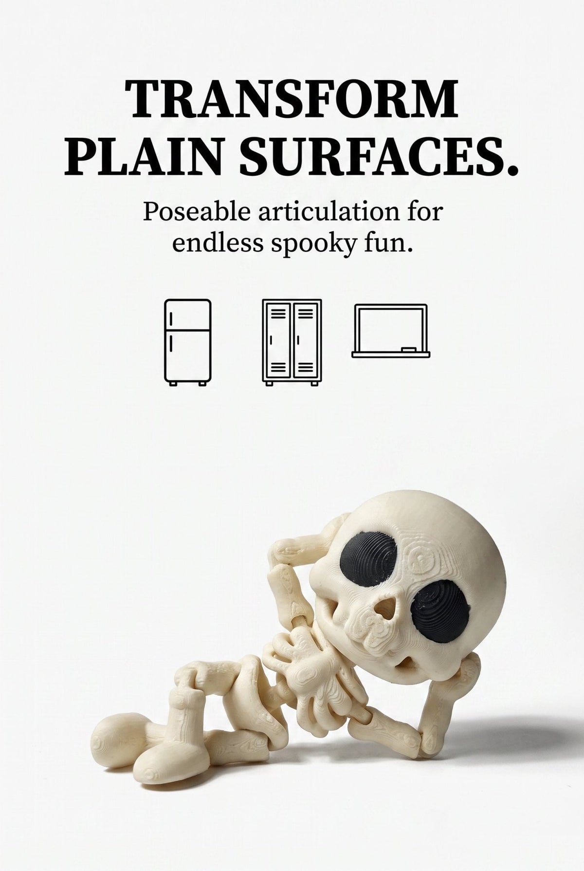 Flexy Skeleton Magnet, 3D Printed Poseable Skull Figure, Spooky Fridge Decor - SkeletonEarth Designs