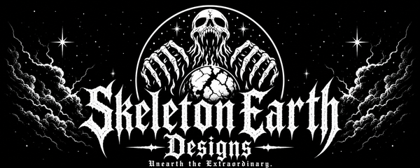 Black and white gothic-style graphic featuring a skull and skeletal hands holding a globe, with the text 'Skeleton Earth Designs' and smaller tagline beneath on a starry night sky background.